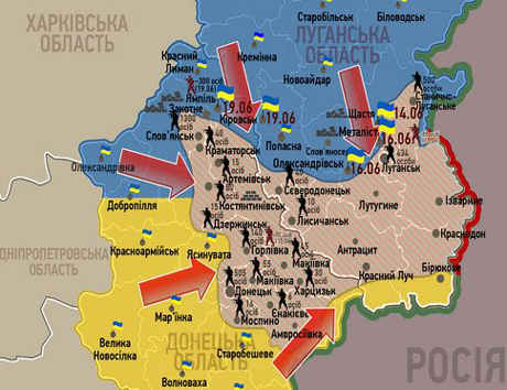 Карта розташування українських сил та бойовиків 19 червня
